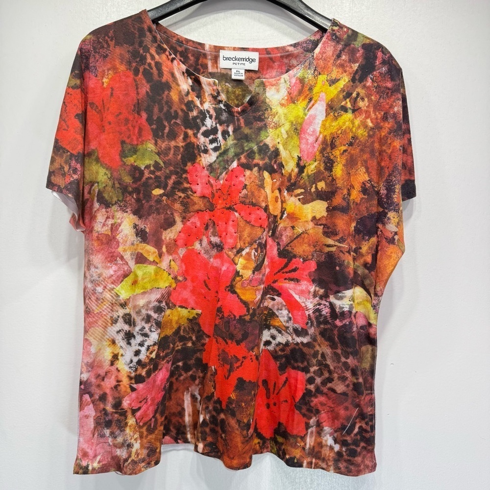 Breckenridge Petite Animal Print & Tropical Hibiscus Flower Studded Top